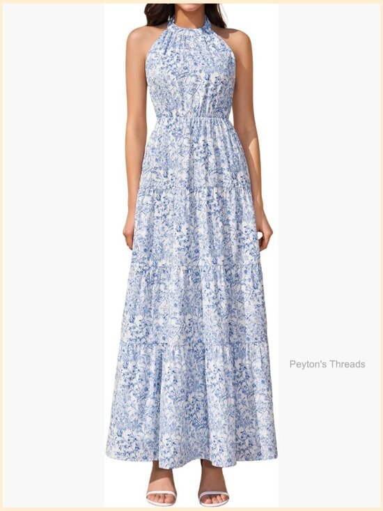 Dresses & Skirts - Halter Boho Maxi Dress with Floral Print - A-Line Flowy Tiered for Wedding